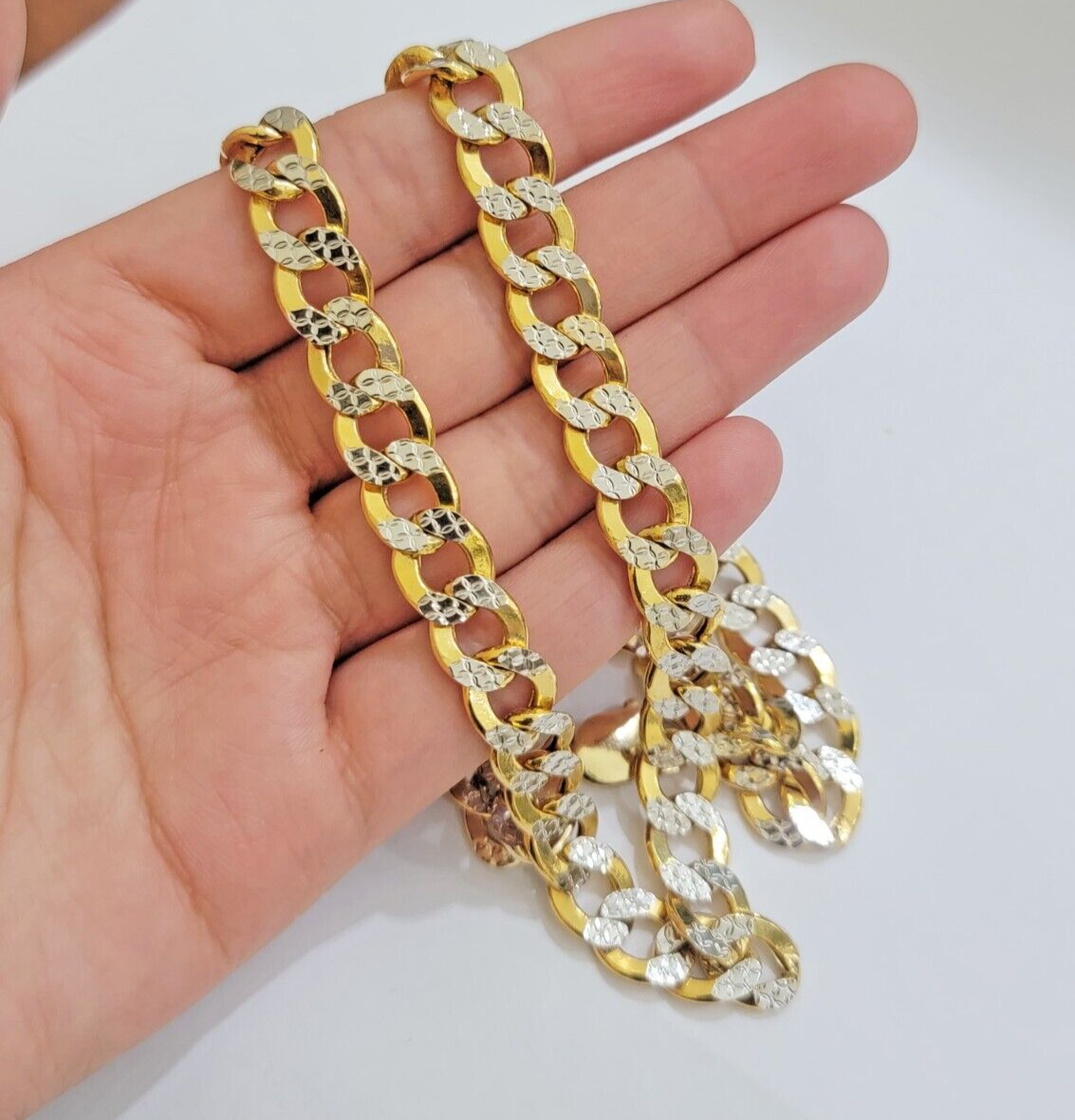 Real 10k Yellow Gold Chain Curb Link Necklace 10mm 28 Inch Diamond Cut Two-tone