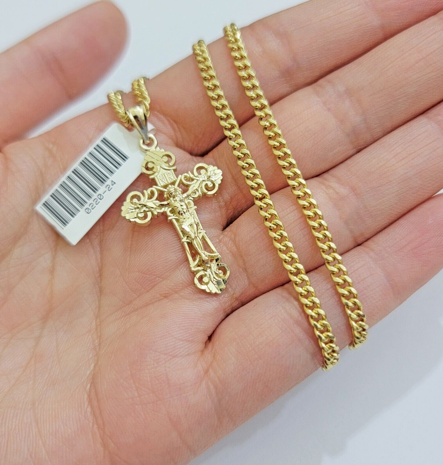 Real 10k Gold Necklace Chain Jesus Cross Charm Pendant SET 3mm Miami Cuban Link