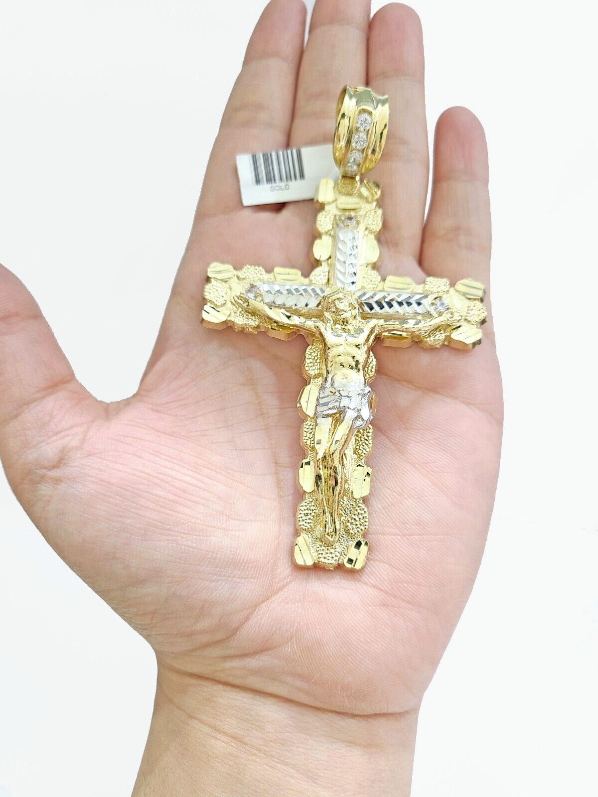 Real 10k Gold Cross Charm Pendant Jesus Crucifix 3.5'' Inch Men 10KT Yellow Gold