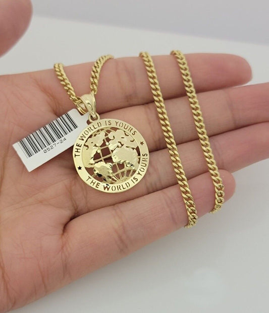 Real 10k Gold Chain Pendant SET World Is Your Charm Miami Cuban Link Necklace