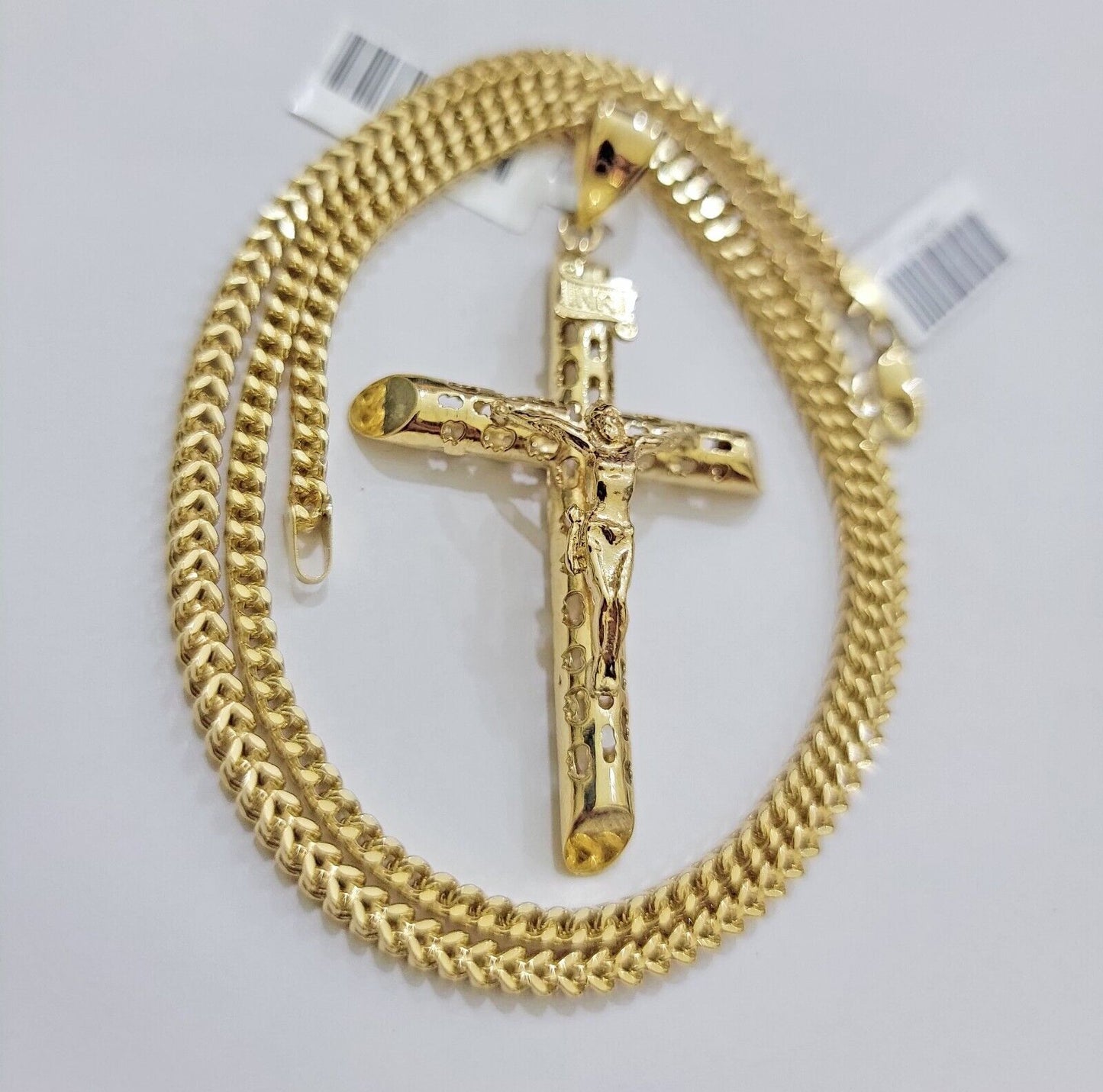 REAL 10k Gold Cross Pendant Franco Chain Necklace 20" - 26 Inch & Jesus Crucifix