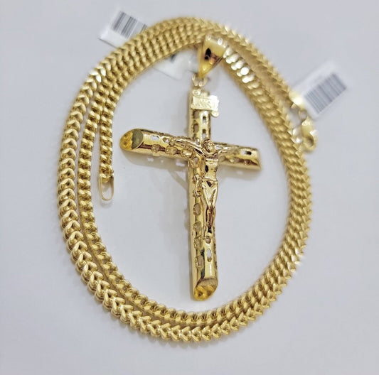 REAL 10k Gold Cross Pendant Franco Chain Necklace 20" - 26 Inch & Jesus Crucifix