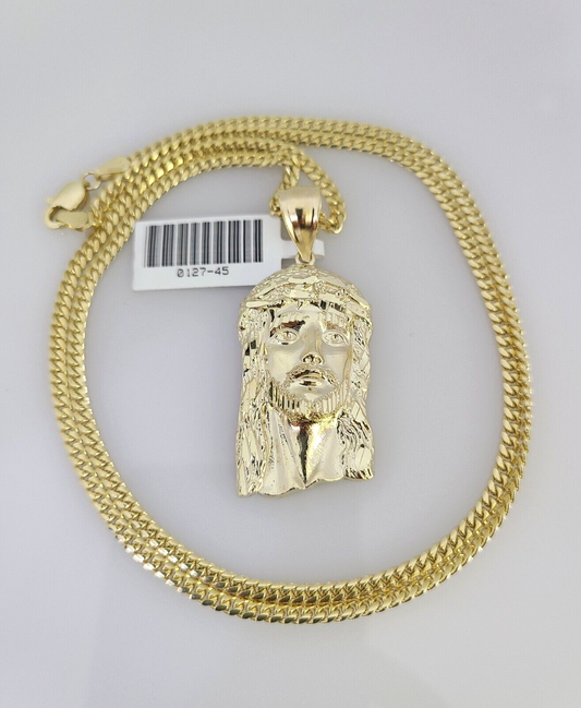 10K Solid Gold Miami Cuban Chain SET Jesus Head Pendant Charm 18"-26" 2.5mm