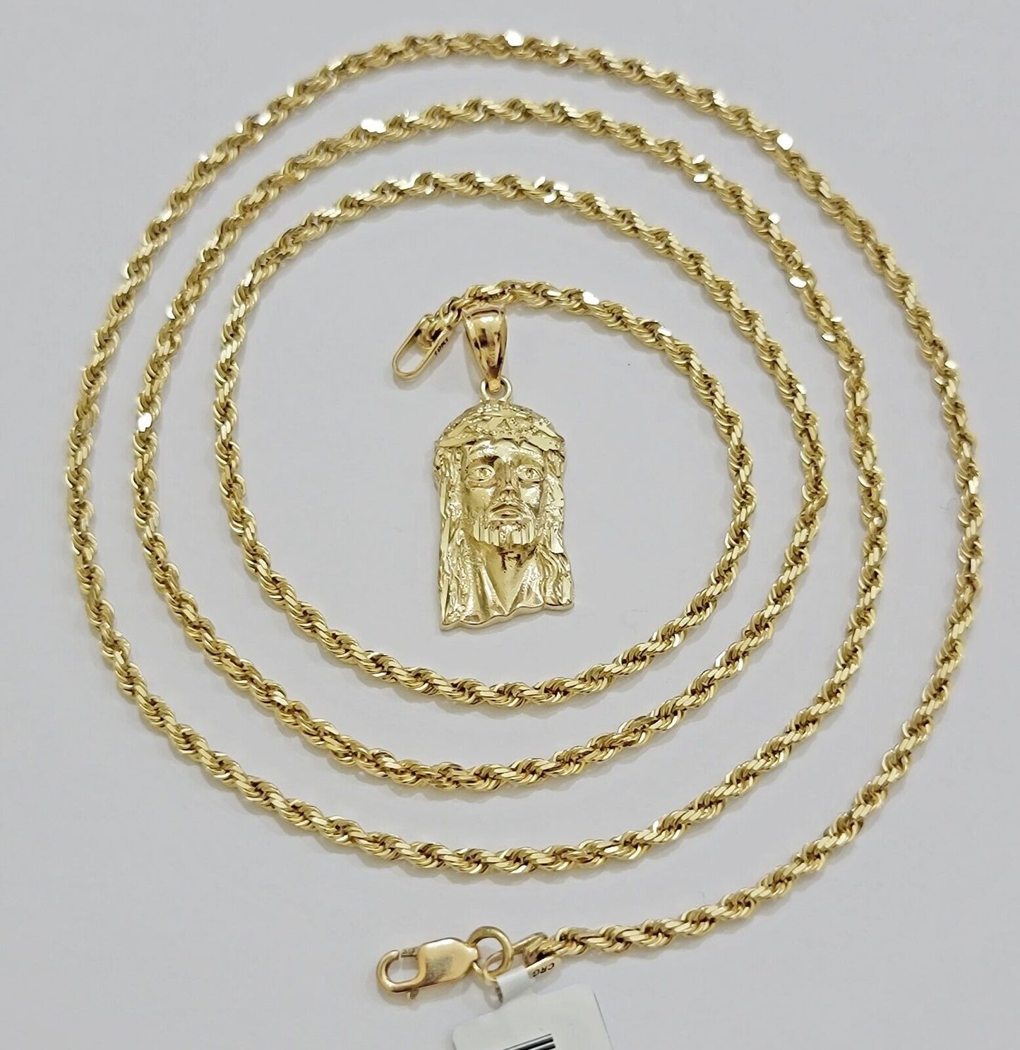 REAL 10k Gold Pendant & Solid Rope Chain Necklace 18" - 24 Inch Jesus Face Charm