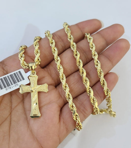 Real 10k Rope Chain Jesus Cross Charm Necklace SET 4mm 18"-28" Pendant