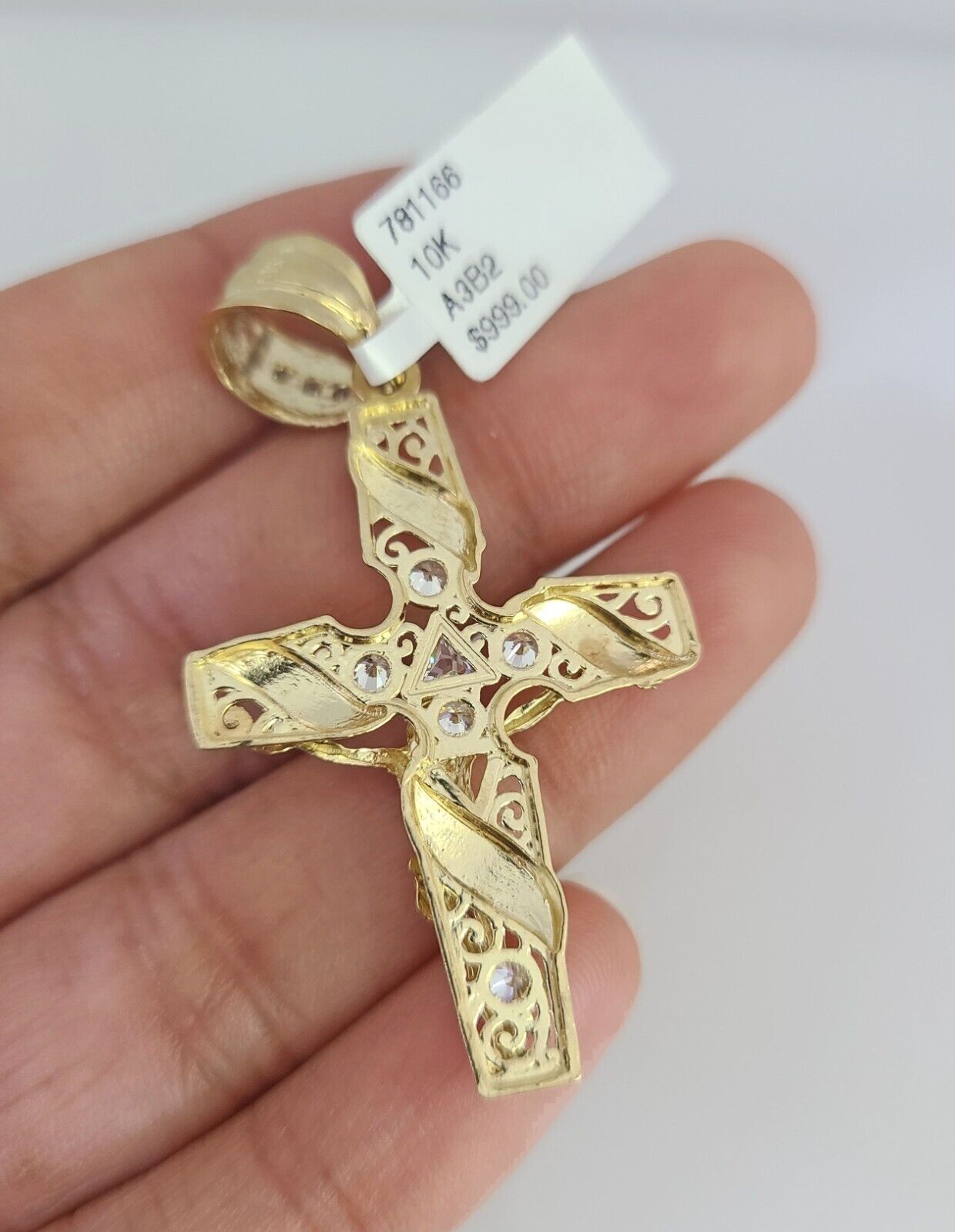 REAL 10k Yellow Gold Cuban Link Chain With Cross Charm Pendant, Necklace 3mm 26"