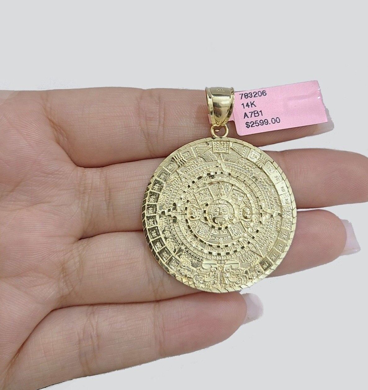 Real 14K Yellow Gold Aztec Calendar Charm Solid Pendant For Chain 14KT Necklace