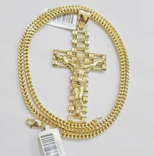 REAL 10k Gold Cross Pendant Franco Chain Necklace 20"- 26" SET & Jesus Crucifix