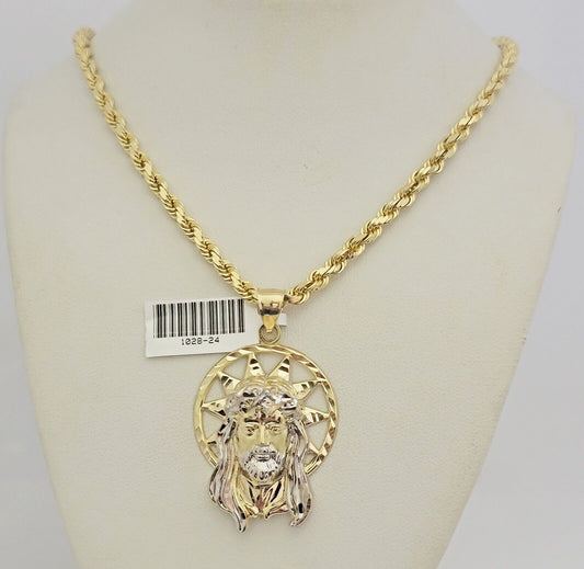 Real 10k Gold Chain Pendant SET Jesus Head Charm Solid Rope Necklace 4mm 20"-28"