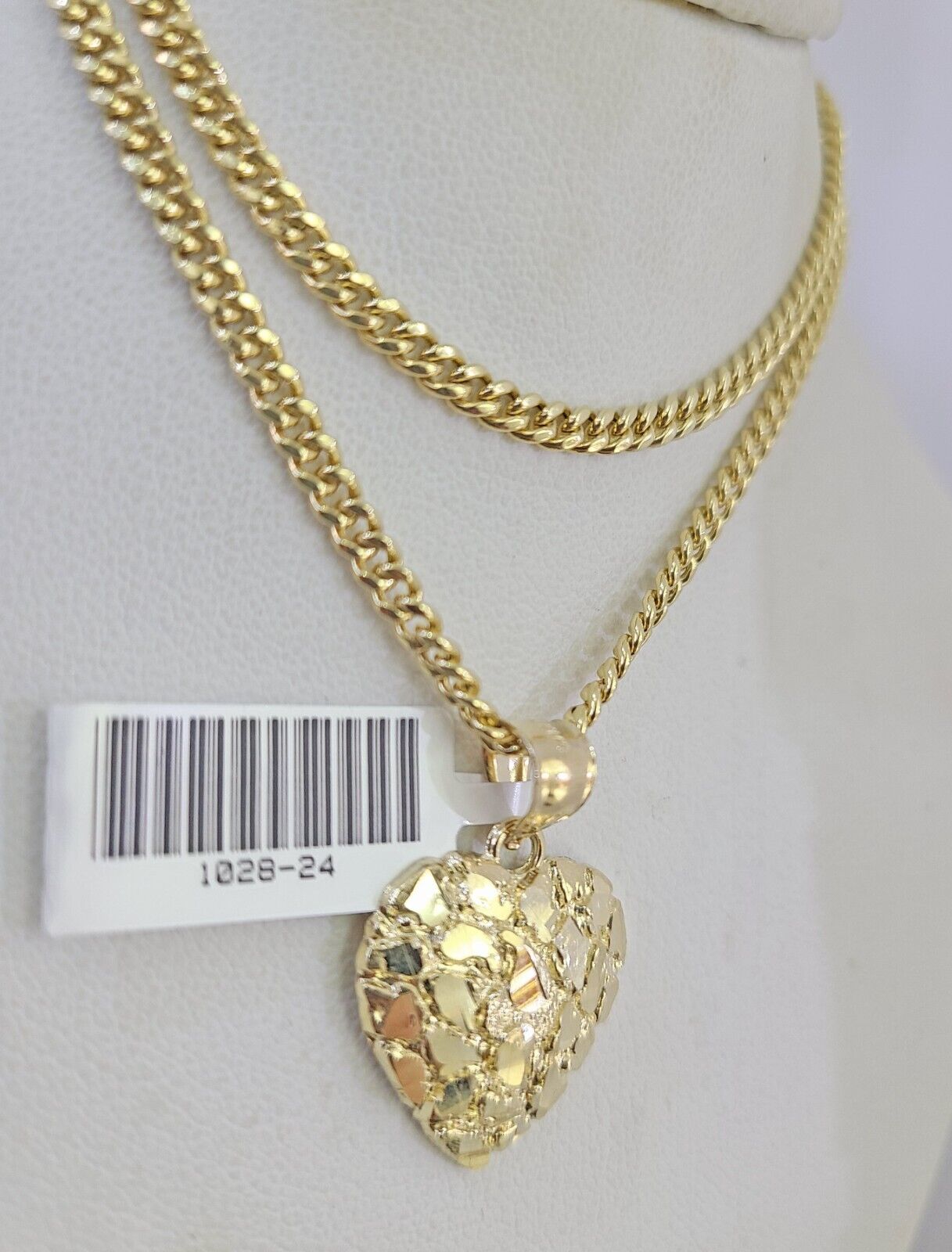 Real 10k Gold Chain Pendant SET Nugget Heart Charm Miami Cuban Link Necklace 2mm