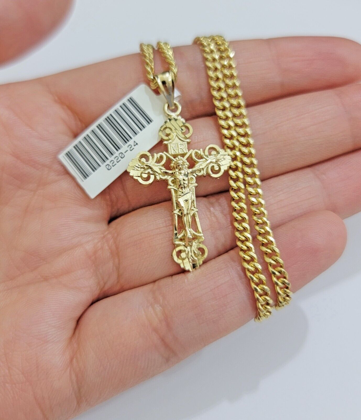 Real 10k Gold Necklace Chain Jesus Cross Charm Pendant SET 3mm Miami Cuban Link