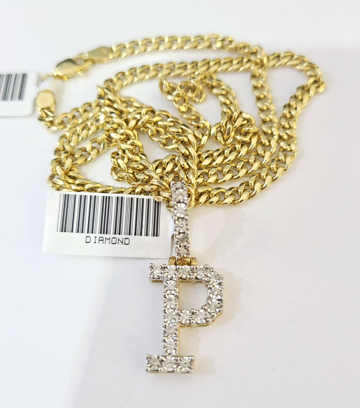 10K Gold Miami Cuban Chain P Diamond Initial 18"-24" 2mm Pendant Necklace SET