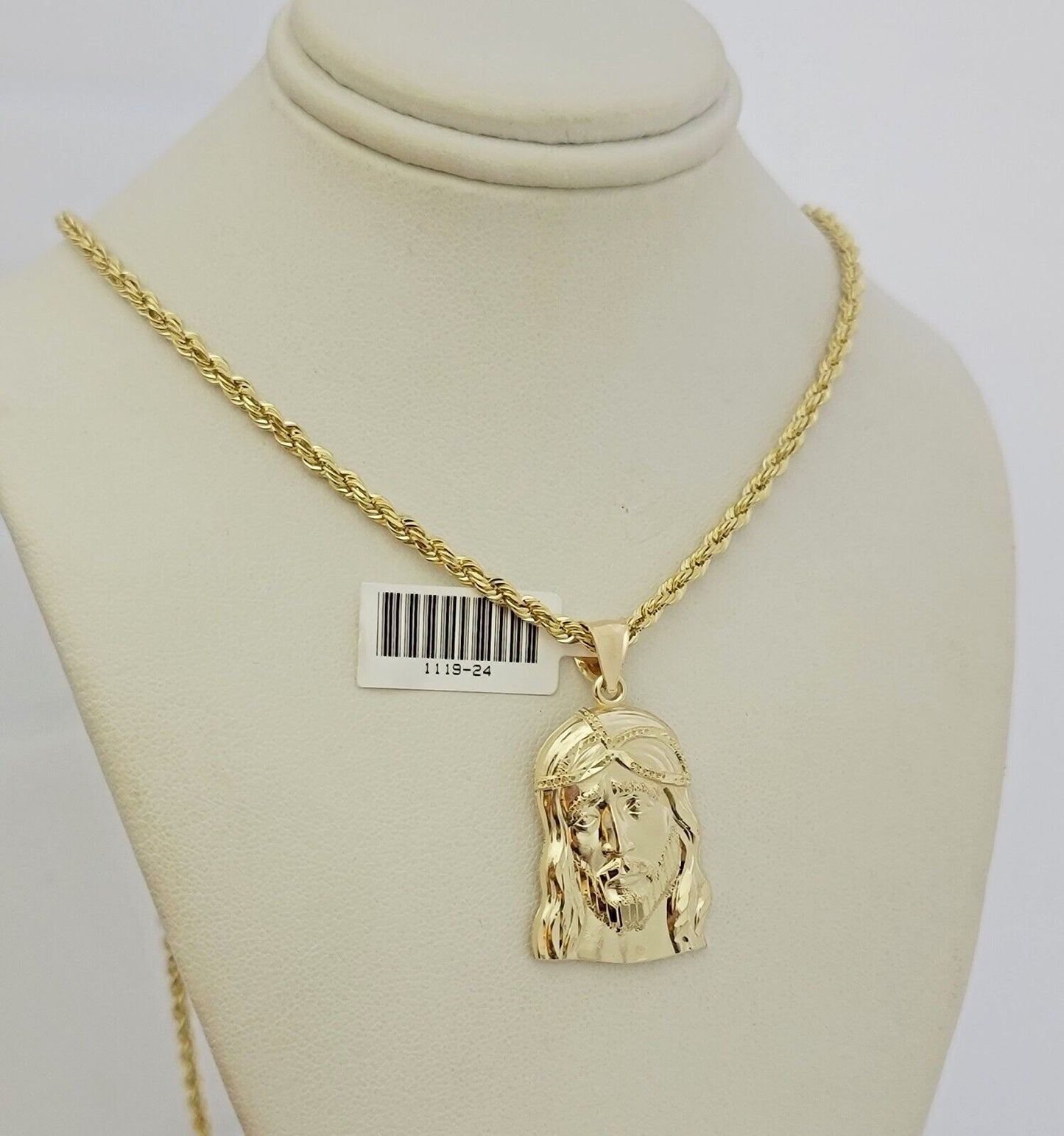 Real 10k Gold Rope Chain Jesus Head Charm Pendant Set 3mm Necklace 18"-26" SOLID