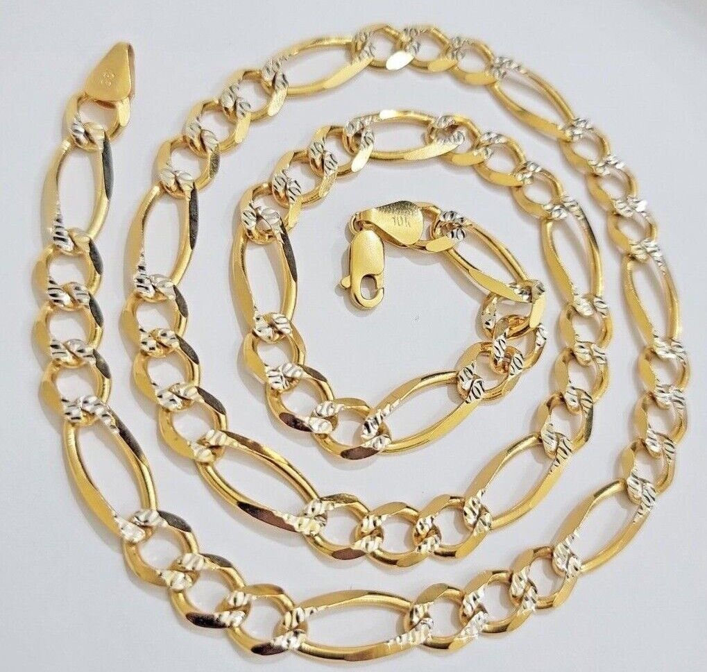 Figaro Link Chain Real 10k Yellow Gold 8mm Necklace 18- 30 Inch Solid Two Tone