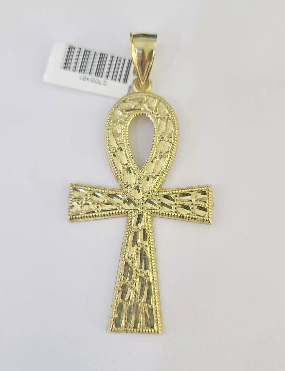 10k Yellow Gold Nugget Ankh Charm Pendant 2.75 Inch For Men's REAL 10KT Gold