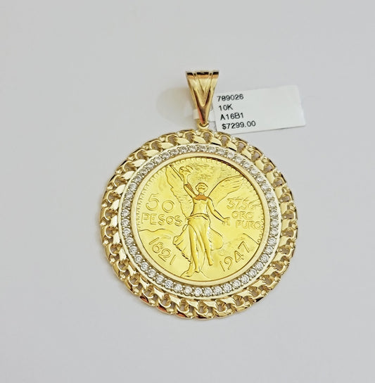 Real 10k Yellow Gold Pendant Copy Coin charm 50 pesos 2.25 Inch, Men's 10KT / A1