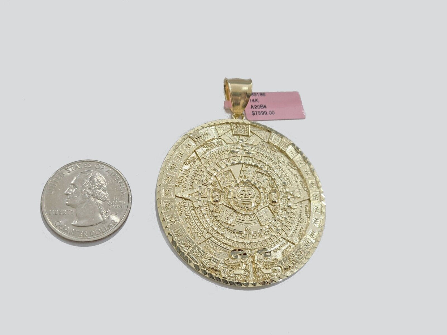 Real 14K Yellow Gold Aztec Calendar Charm Solid Pendant For Chain 14KT Necklace