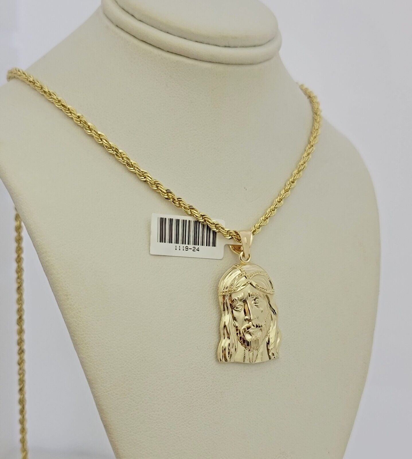 Real 10k Gold Rope Chain Jesus Head Charm Pendant Set 3mm Necklace 18"-26" SOLID