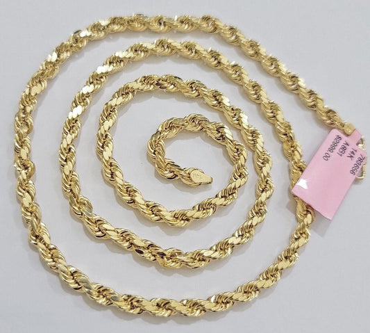 Real 14k Yellow Gold Rope Chain Necklace 4mm 18-26 Inch Diamond Cut Mens 14kt