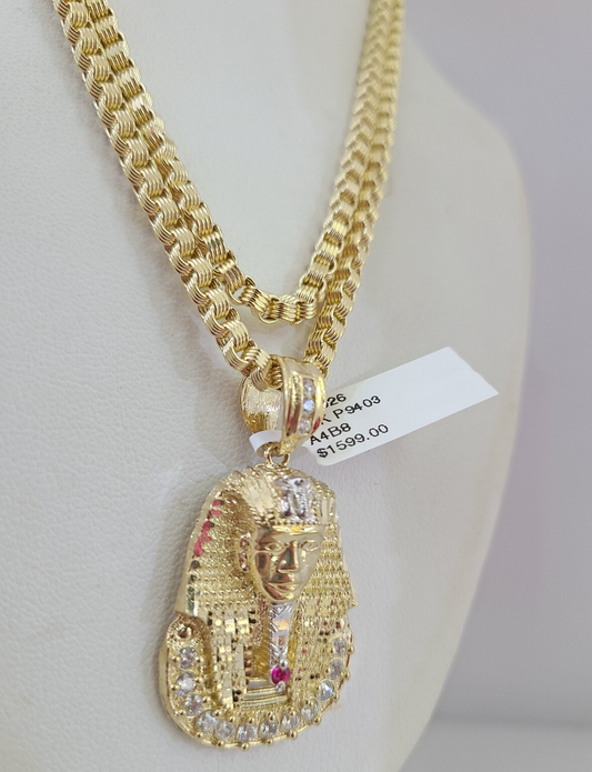 Real 10k Gold necklace & Pharoah Head charm pendant SET Chain 3mm Byzantine 22"