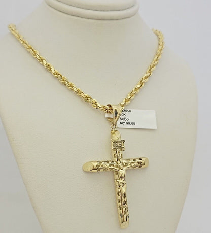 Real 10k Gold Chain Pendant SET Jesus Cross Charm Solid Rope Necklace 4mm 20-28"