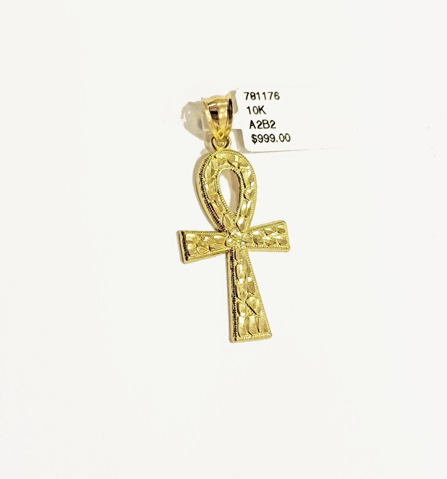 Real 10k Yellow Gold Ankh Cross charm Nugget Pendant 2 Inch For Men's 10 KT / AS