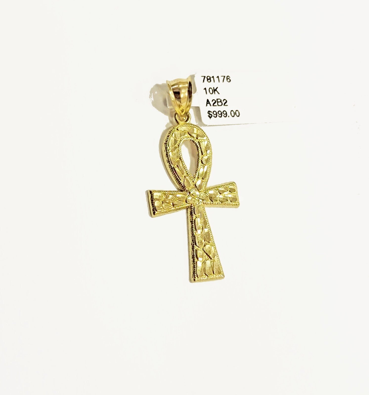 Real 10k Yellow Gold Ankh Cross charm Nugget Pendant 2 Inch For Men's 10 KT / AS