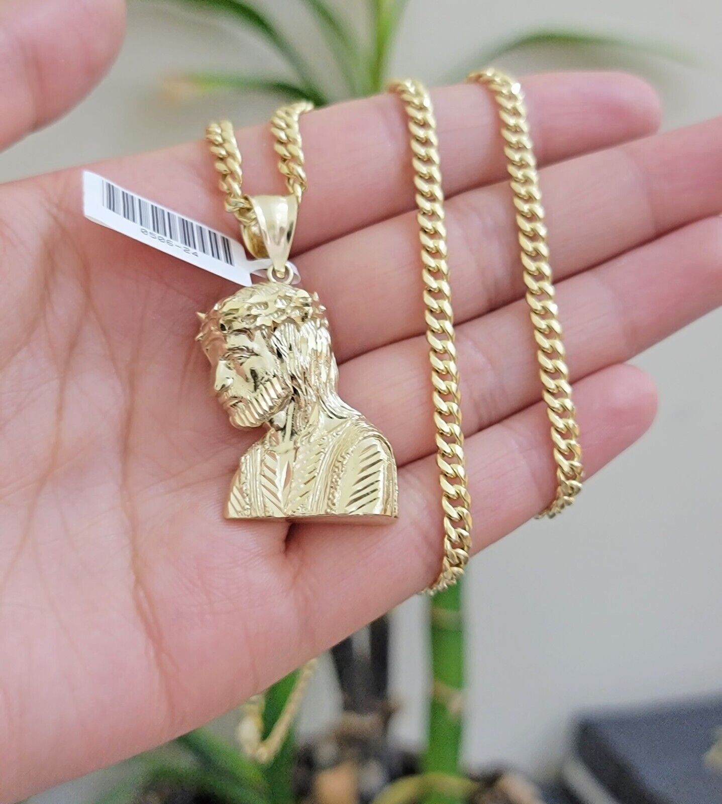 Real 10k Gold Jesus Heard Charm Pendant &Miami Cuban Link Chain 4mm Necklace SET