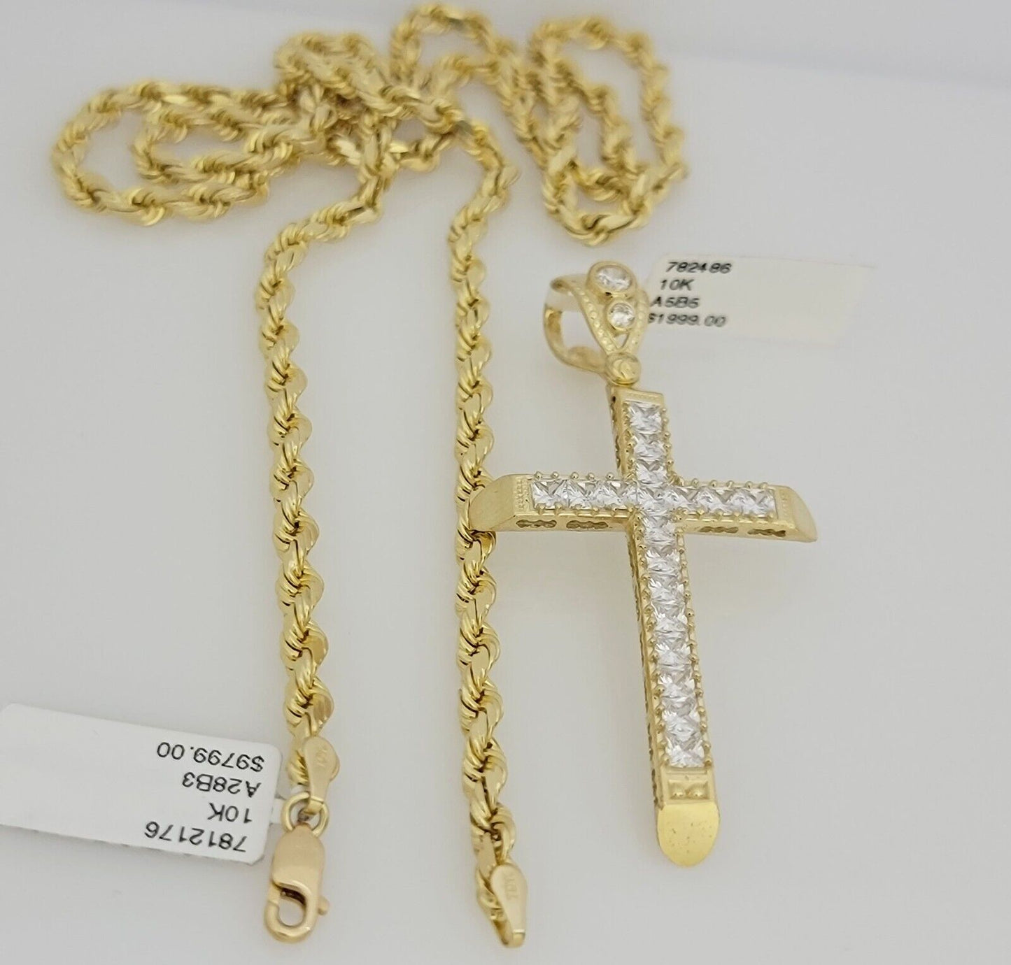 Real 10k Gold Rope Chain Pendant SET Solid Necklace 4mm 20-28" Stone Cross Charm