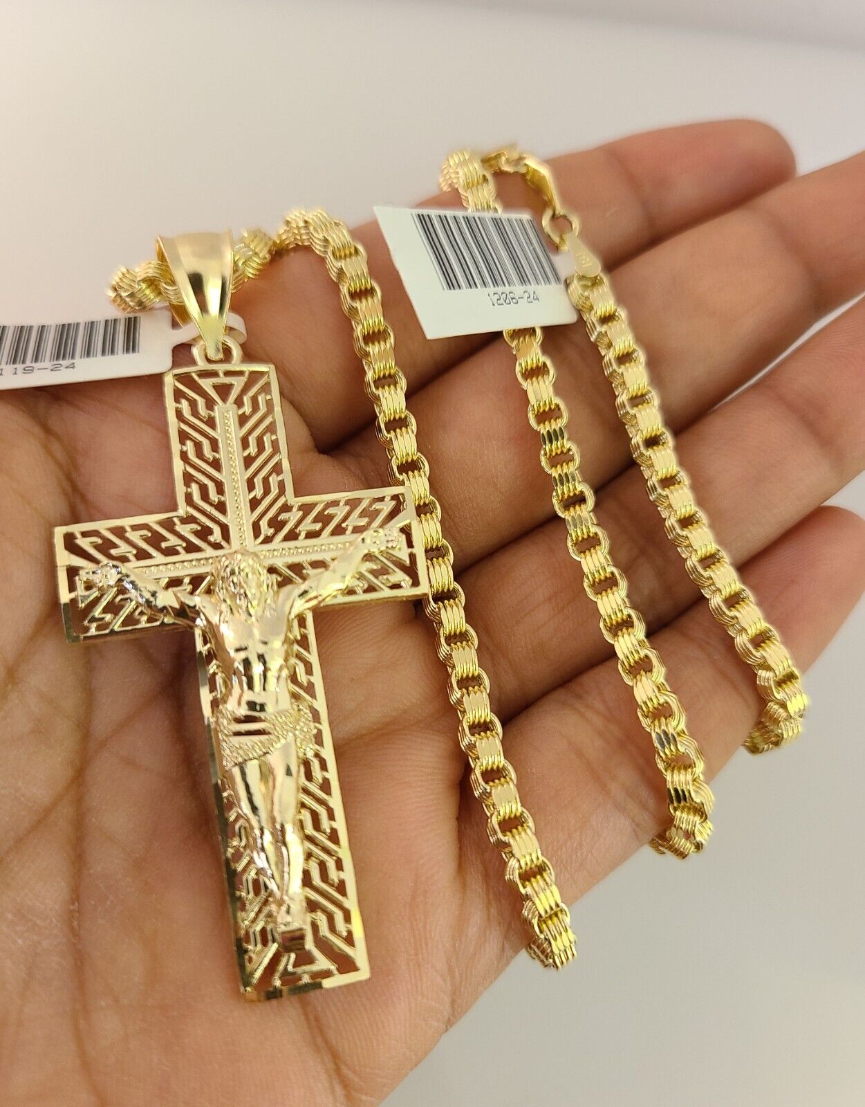 10k Gold Byzantine Chain Necklace Jesus Cross Charm Pendant SET REAL 10kt 3mm