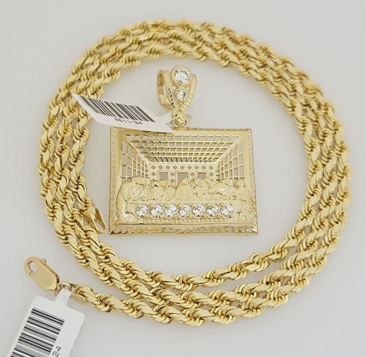 Real 10k Gold Chain Pendant SET Last Supper Charm Solid Rope Necklace 4mm 24Inch