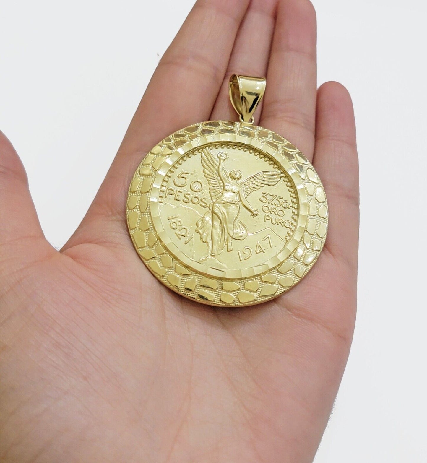 Solid 10k Gold Pendant Replica Nugget 50 Peso 1947 Mexican Centenaro Charm Style