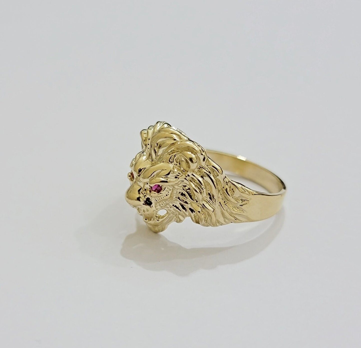 Mens Ring Lion Head REAL 10k Yellow Gold Roaring Lion With Red Eye , 10kt Solid