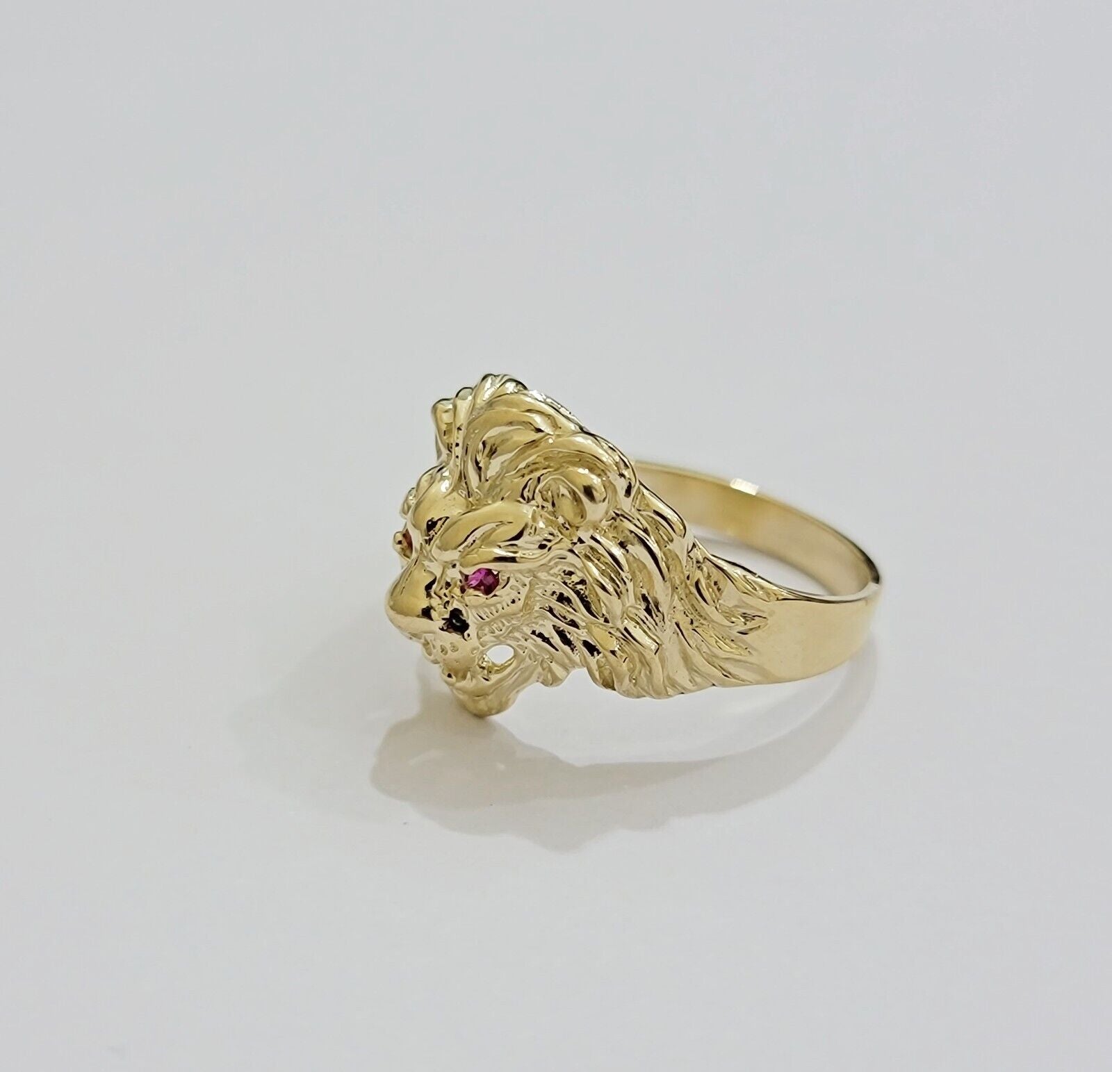 Mens Ring Lion Head REAL 10k Yellow Gold Roaring Lion With Red Eye , 10kt Solid