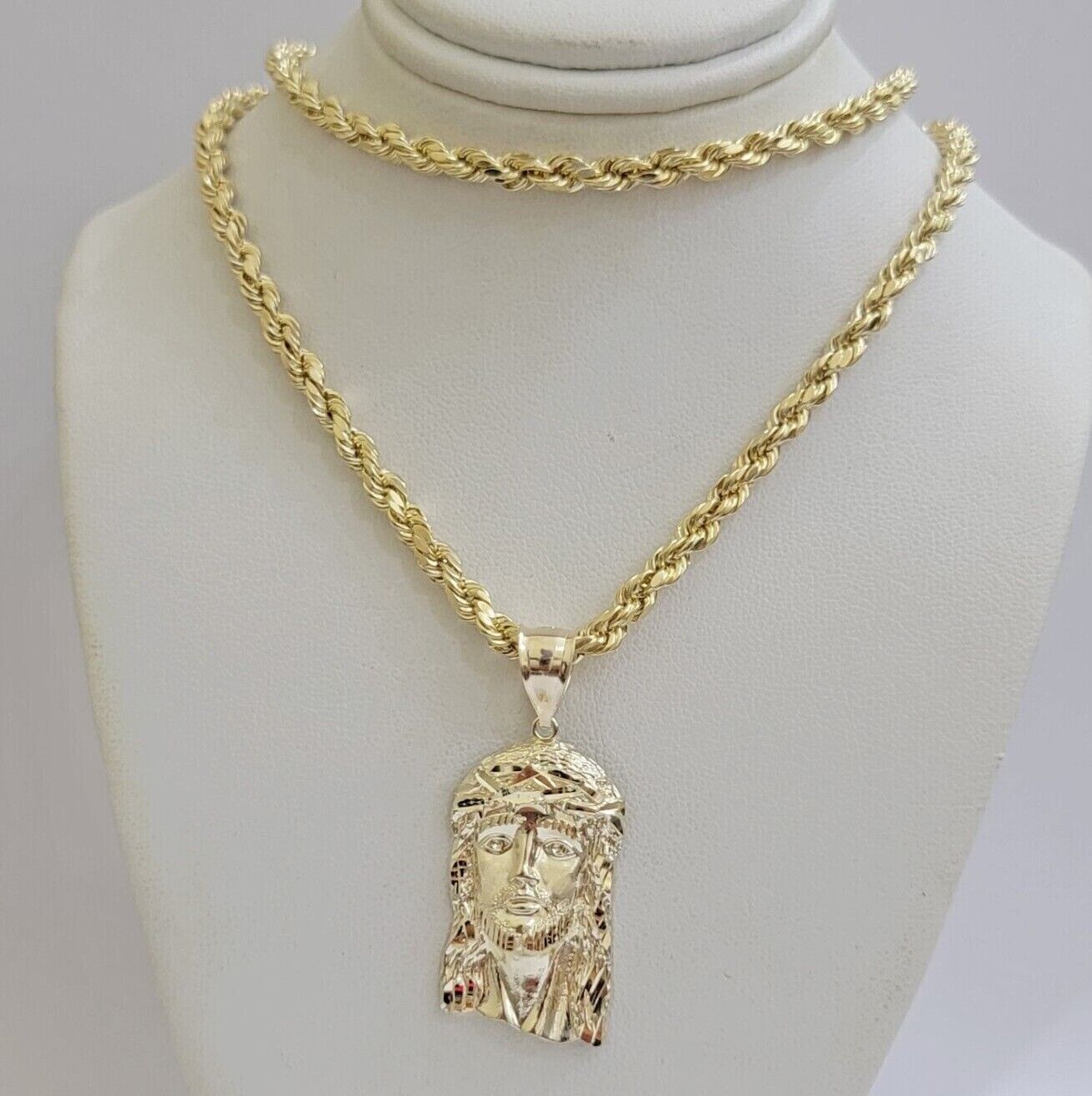 Real 10k Gold Rope Chain & Jesus Face Charm Pendant SET 5mm 18-28 inch Necklace