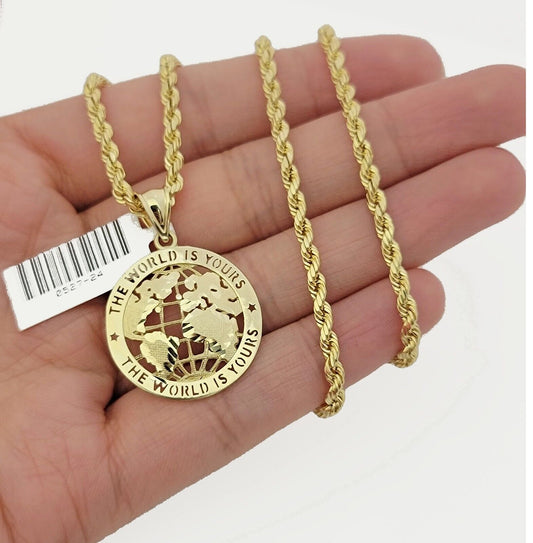 Real 10k Gold Chain Pendant SET World Is Your Charm  Rope Necklace 3mm 18"-28"