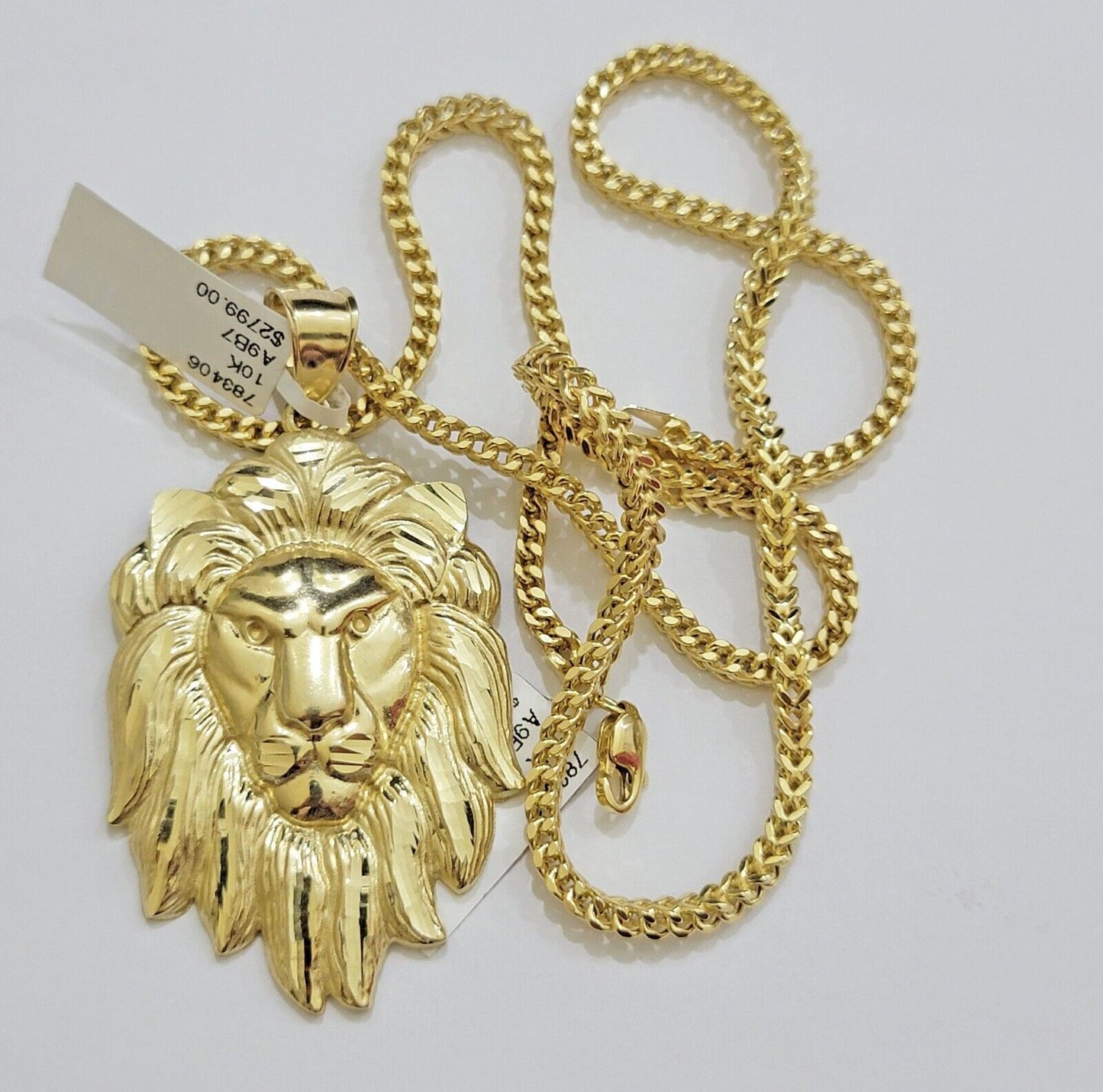 REAL 10k Gold Franco Necklace Charm Lion Head Pendant SET 20 - 26 Inch 3mm Chain