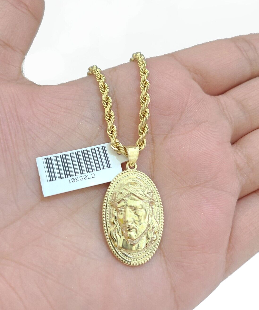 Real 10k Gold Rope Chain Jesus Head Charm SET Circular Pendant Necklace 3mm 26''