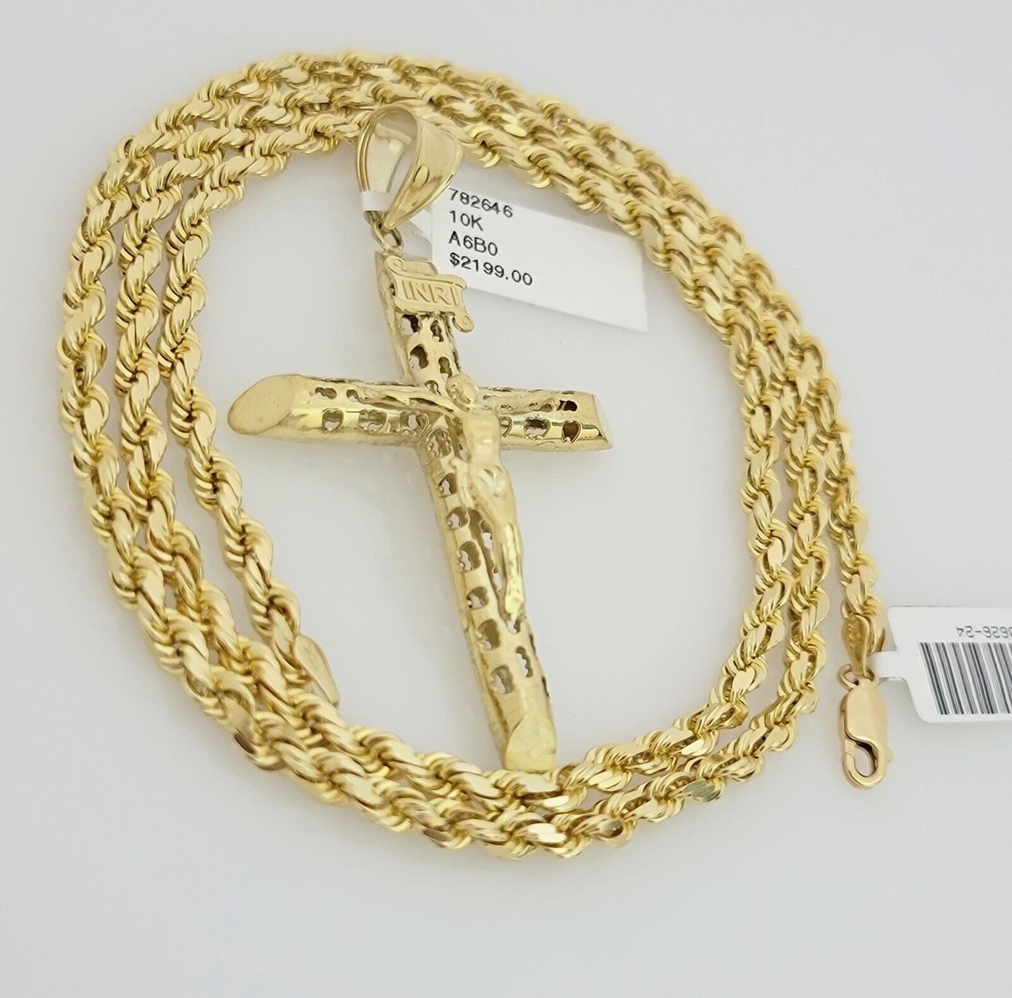 Real 10k Gold Chain Pendant SET Jesus Cross Charm Solid Rope Necklace 4mm 20-28"