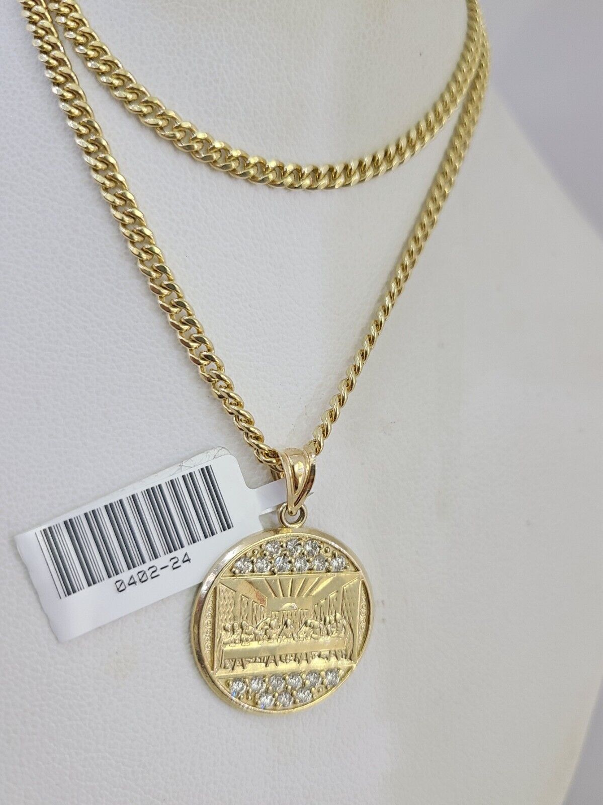 Real 10k Gold Chain Pendant SET Last Supper Charm Miami Cuban Link Necklace 2mm