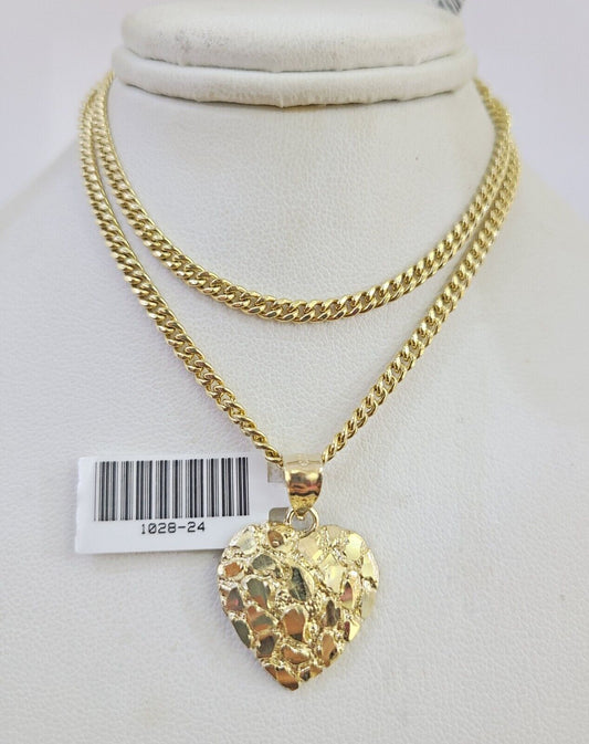 Real 10k Gold Chain Pendant SET Nugget Heart Charm Miami Cuban Link Necklace 2mm