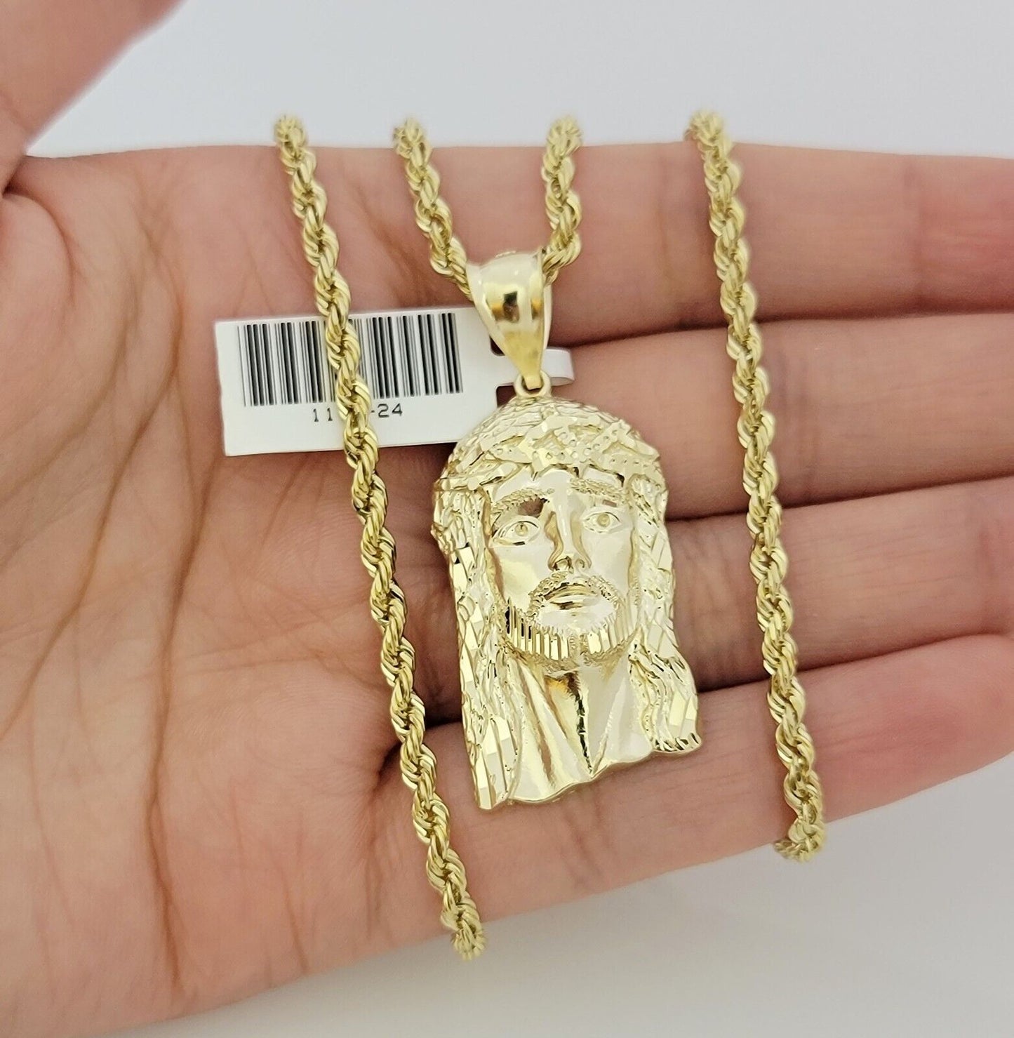 Real 10k Gold Rope Chain Jesus Face Charm Pendant Set 3mm Necklace 18"-26" SOLID