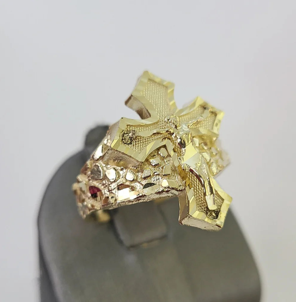 10k Jesus Crucifix Cross Nugget Ring Casual Band Yellow Gold Brand New Religious