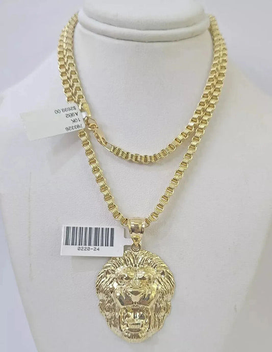 10k Gold Necklace & Lion Charm Pendant REAL 10kt Men's Byzantine Chain Charm SET