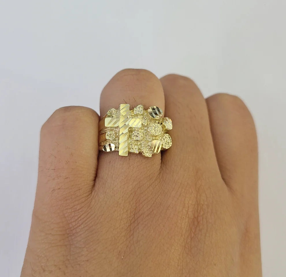 10k Jesus Cross Nugget Ring Casual Band Yellow Gold Genuine Brand New Religious