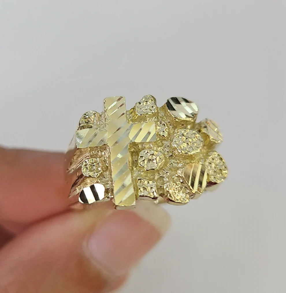 10k Jesus Cross Nugget Ring Casual Band Yellow Gold Genuine Brand New Religious