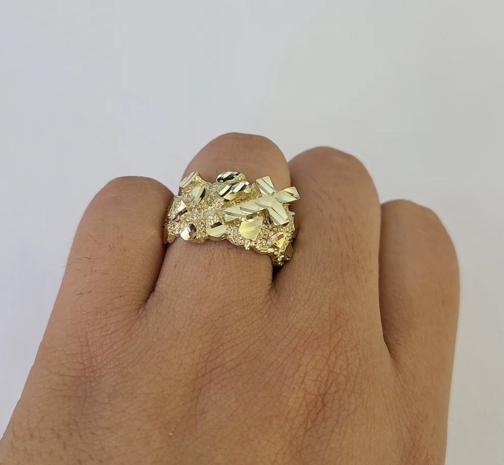 10k Nugget Jesus Cross Ring Casual Band Yellow Gold Genuine Brand New Religious