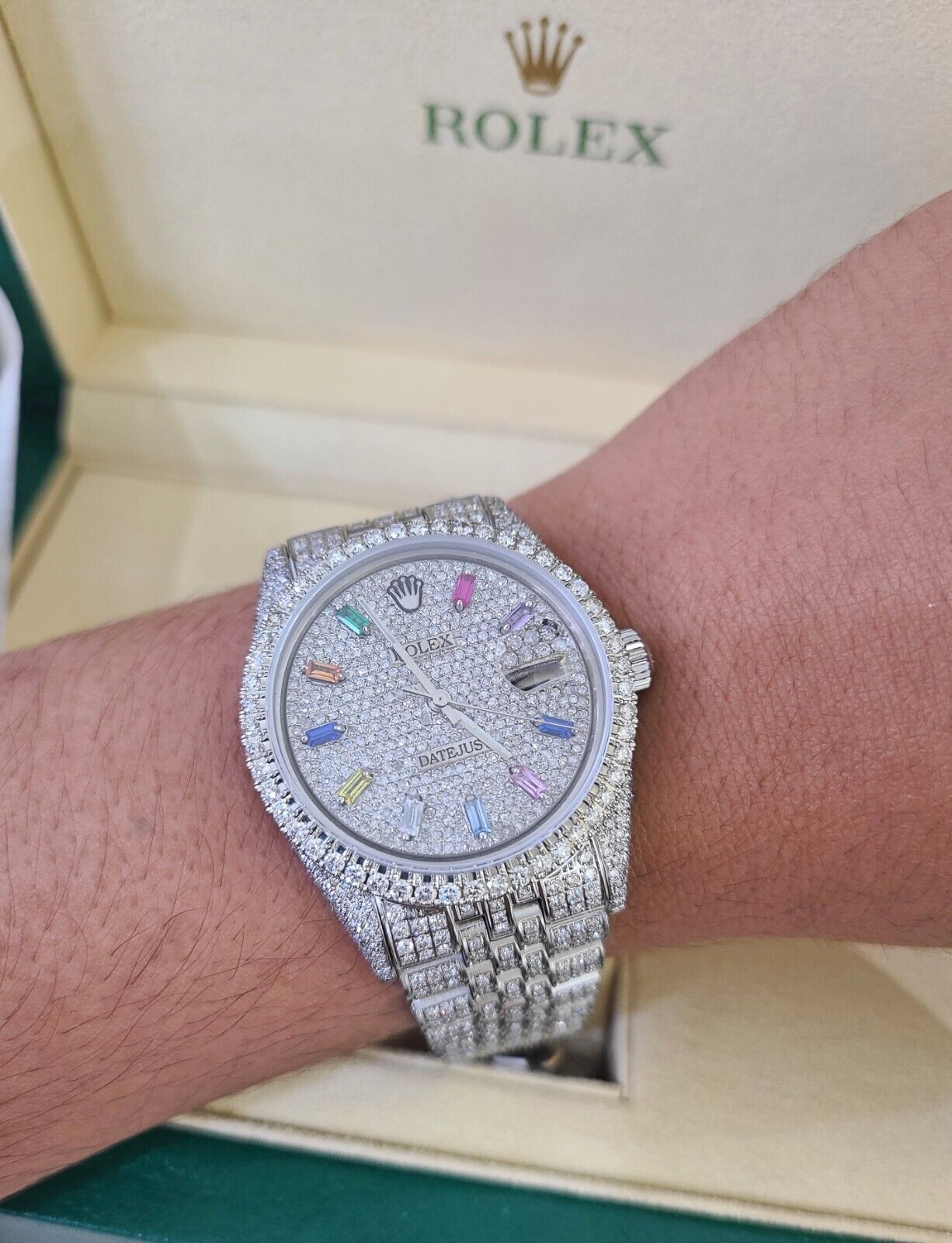 ROLEX Mens Iced Out Fully Load Datejust Rainbow Dial Genuine Diamonds G Bar