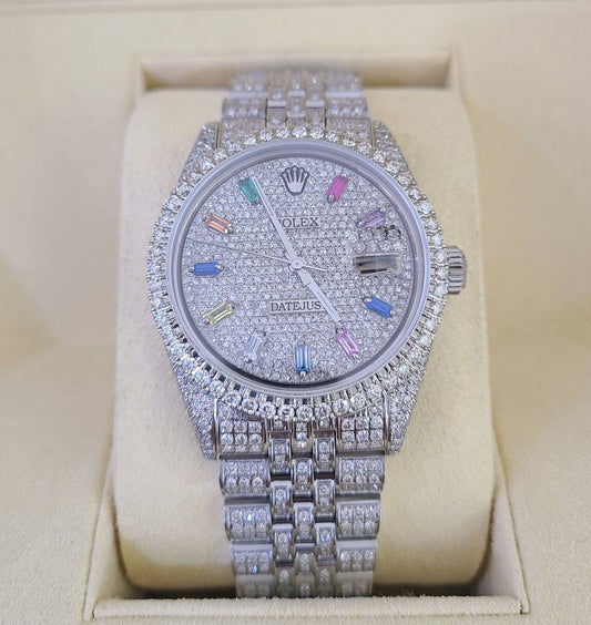 ROLEX Mens Iced Out Fully Load Datejust Rainbow Dial Genuine Diamonds 36mm Watch