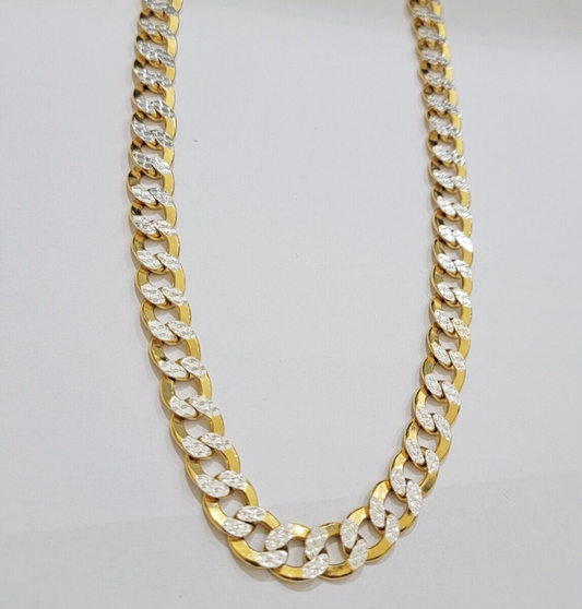 Real 10k Yellow Gold Chain Curb Link Necklace 10mm 26 Inch Diamond Cut Two-tone